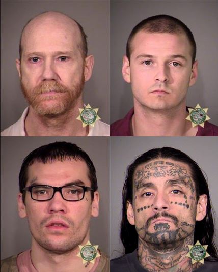 (Left to right) Joseph Gerald Schwab, Michael Philip Donald O’Malley, Michael Newcomb and David Ray Bartol shown in jail booking photos. (Multnomah County Sheriff's Office).