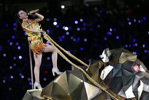 Singer Katy Perry performs during halftime of NFL Super Bowl XLIX football game between the Seattle Seahawks and the New England Patriots Sunday, Feb. 1, 2015, in Glendale, Ariz. (AP Photo/David J. Phillip)