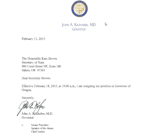 John Kitzhaber's resignation letter as Governor of Oregon, Feb. 13, 2015 