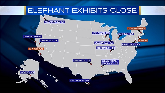 A map of zoos that closed their elephant exhibits as of April 29, 2015. The three in red have promised to close theirs in the future  (KOIN 6 News) 