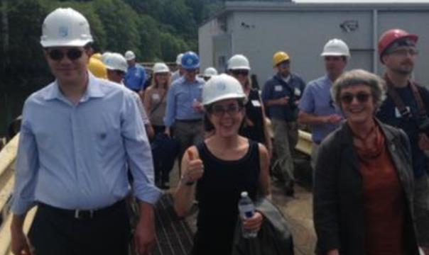 Gov. Kate Brown (center) toured the old Blue Heron paper mill site that will now become the Willamette Falls Riverwalk in Oregon City, May 29, 2015 (KOIN)