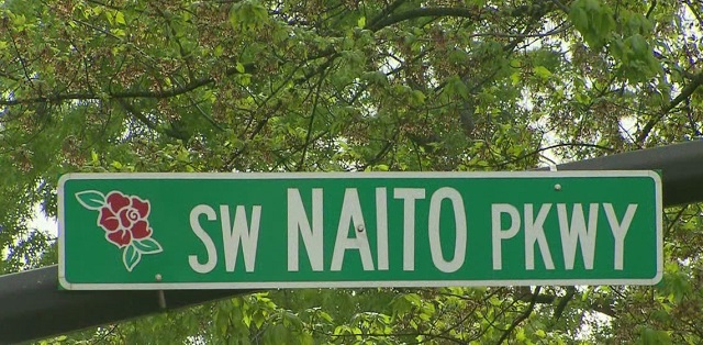 A sign for SW Naito Parkway, the street named after Bill Naito. (KOIN)_166223