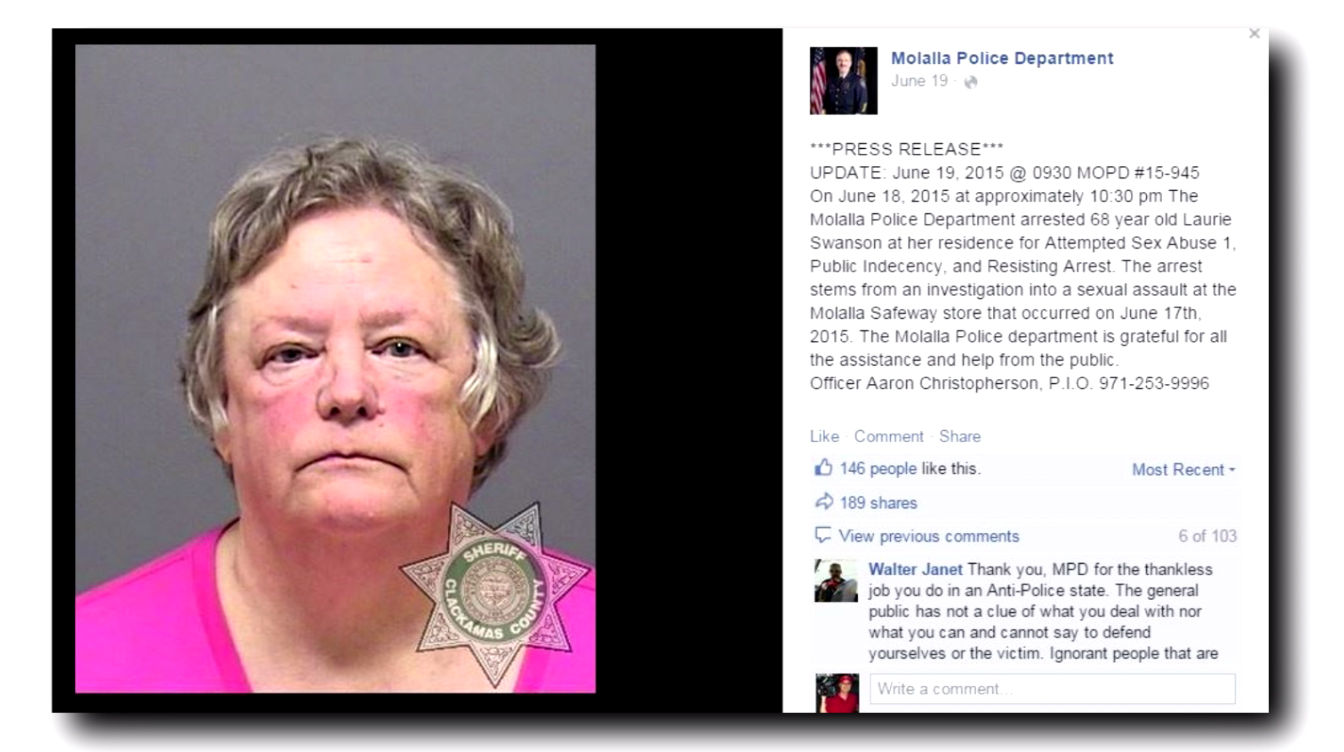 Swanson's mugshot and surveillance camera photos from Safeway remain on the police department's page. (Facebook)