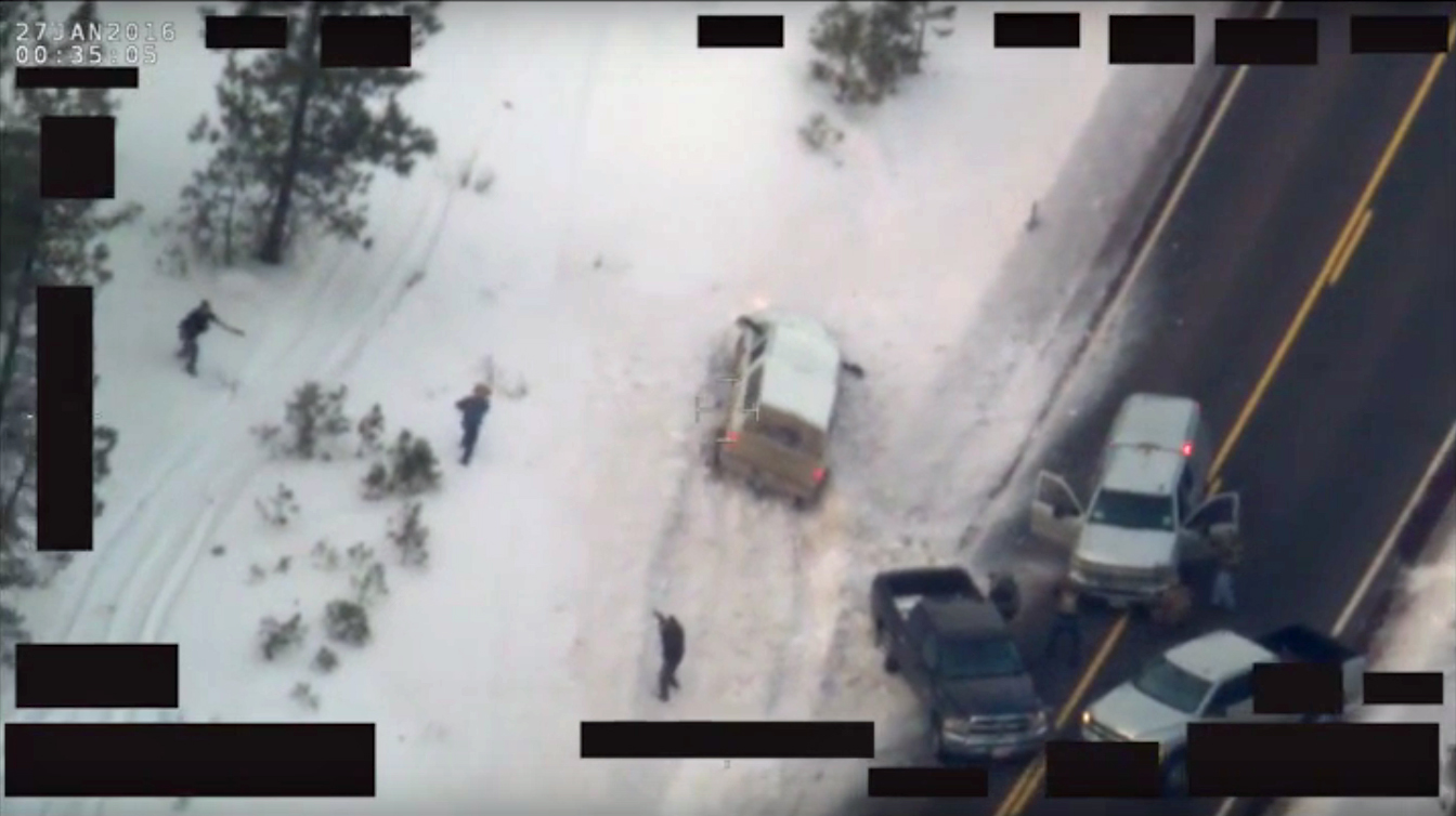 Aerial video provided by the FBI shows LaVoy Finicum being shot on January 26, 2016. (FBI)