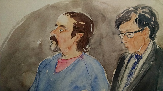 Pete Santilli in an appearance in US Federal Court in downtown Portland, Jan. 29, 2016 (Abigail Marble/Courtroom Sketch)