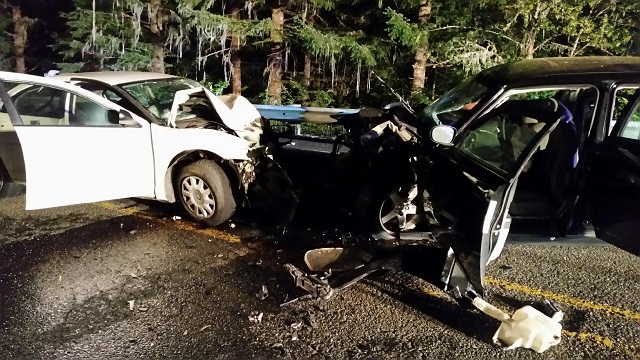 An 8-year-old boy died and 5 others hurt in this head-on crash on Hwy 224 near Estacada, July 16, 2016 (OSP)