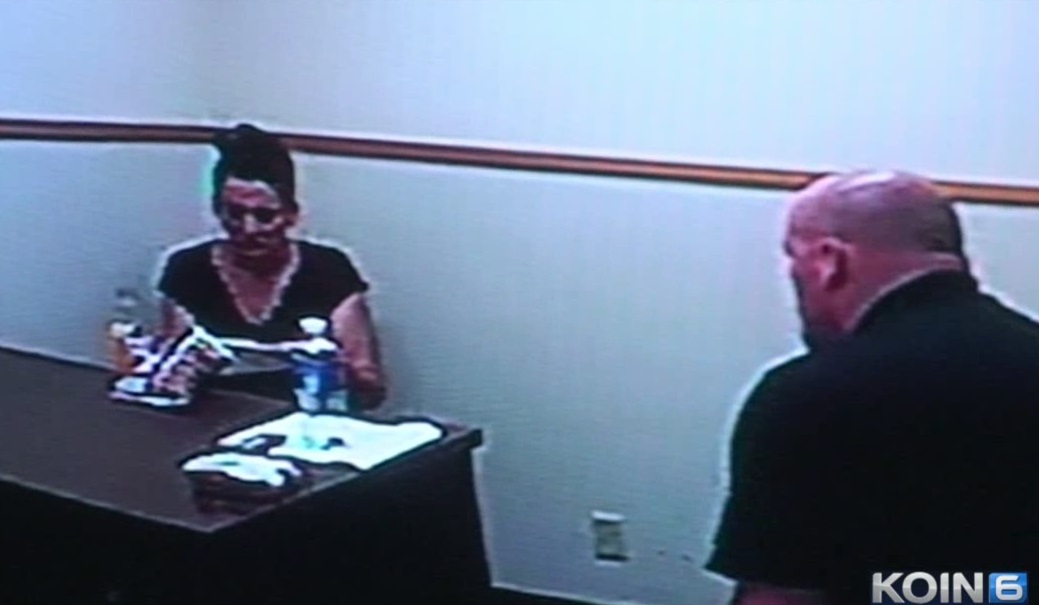 A screen grab from a 2014 police interview after Jessica Smith was arrested for allegedly murdering her toddler at a Cannon Beach motel, seen in a pre-trial hearing July 7, 2016 (KOIN)