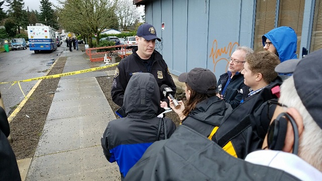 PPB Sgt. Pete Simpson addresses the media after an officer shot and killed an armed robbery suspect in Northeast Portland, February 9, 2017 (KOIN)