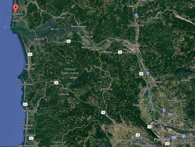 A Google Earth view highlighting the location of Long Beach, Washington