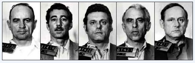 L-R) Electronics expert and former CIA agent James W. McCord, locksmith Virgilio Gonzalez, Frank Sturgis, realtor with CIA connections Eugenio R. Martinez and former CIA operative Bernard Barker were arrested in connection with the break-in at the...