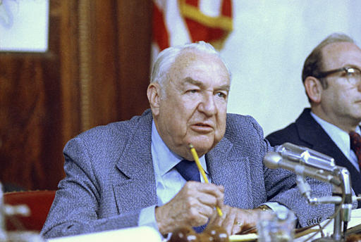 Senator Sam Ervin, Jr. Chairman of hearings of the Senate select committee on the Watergate case in Washington, D.C. May 18,1973. (AP Photo)