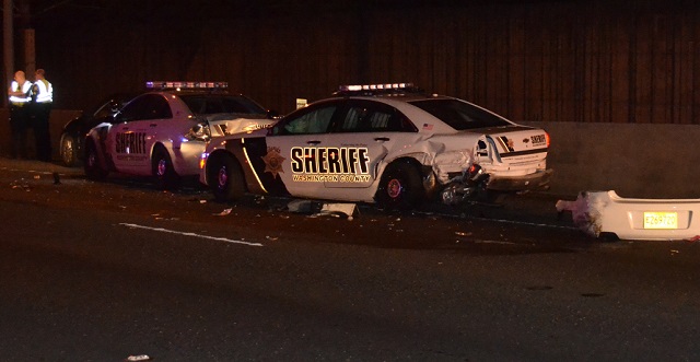 Two Washington County patrol cars were damaged during a traffic stop along Hwy 26, June 11, 2017 (Washington County Sheriff's Office)