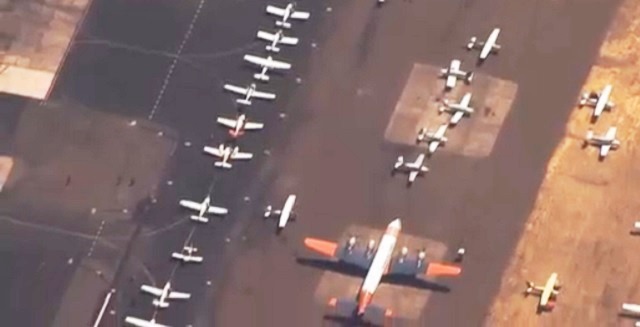 Private planes are lined up around the Madras airport waiting to take off hours after the solar eclipse, August 21, 2017 (KOIN)