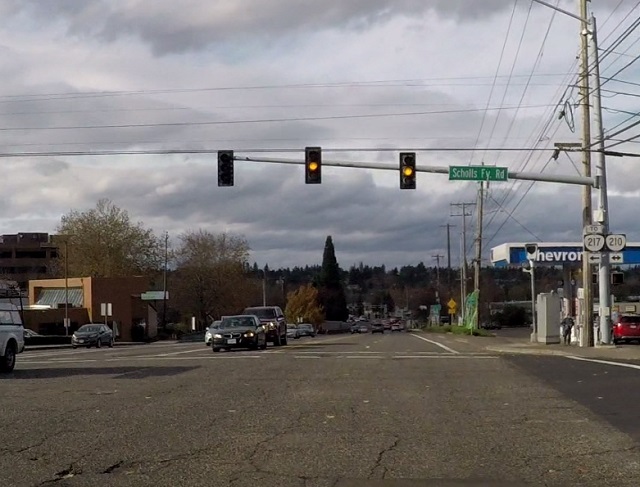 Westbound Hall Boulevard at Scholls Ferry Road has a red light camera that is activated after a 4.5 second yellow light, but it used to be only 4. (KOIN)