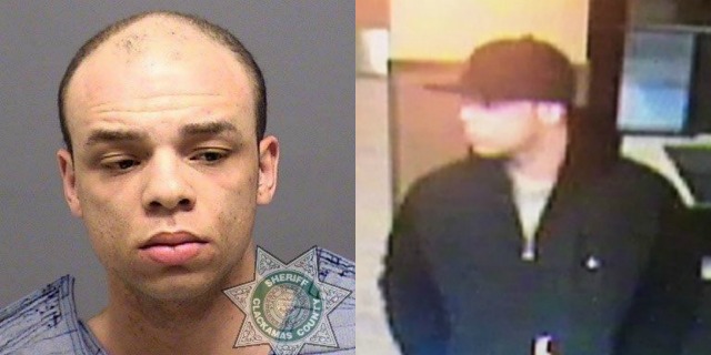 DeShaun James Swanger in a mug shot from April 20, 2017 and a surveillance photo from the day before (Clackamas County Sheriff's Office)