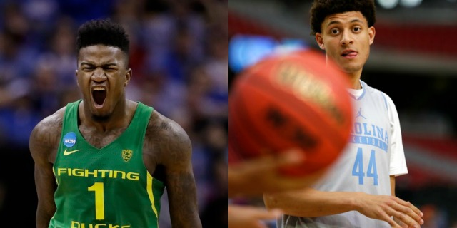 Oregon's Jordan Bell, North Carolina's Justin Jackson, March 2017 (AP photos)