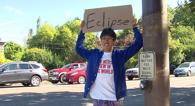 Gen, 24, from Kyoto, Japan,  arrived in Portland and is hitchhiking to Ochoco National Park for the eclipse, August 18, 2017 (KOIN)