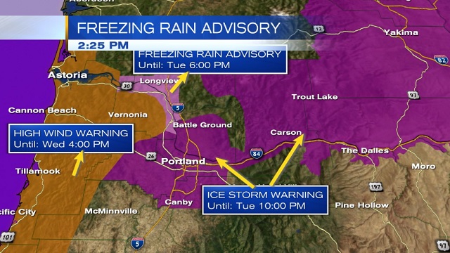 A graphic showing the freezing rain advisories for Oregon, January 17, 2017 (KOIN)