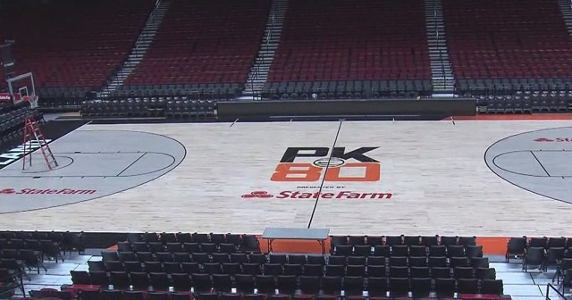 The flooring at the Moda Center for the PK 80 basketball tournament, set to begin November 23, 2017 (KOIN)