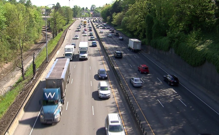 Cars move along I-5 in Portland traffic generic