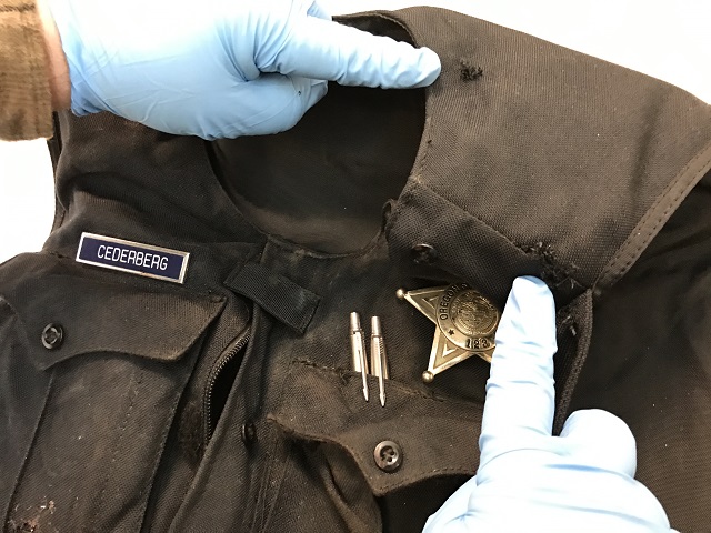 A photo of Oregon State Trooper Nic Cederberg's bulletproof vest from the December 25, 2016 shooting. (Courtesy of PPB)