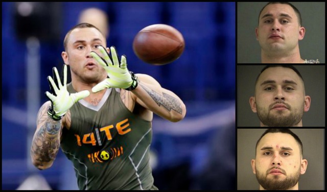 Colt Lyerla, left, at an NFL combine drill in February 2014. Top to bottom, Washington County mug shots from 2014, 2016, 2017