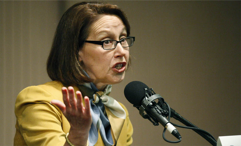 Attorney General Ellen Rosenblum gestures during a debate in Portland, Ore. (AP Photo/Rick Bowmer)