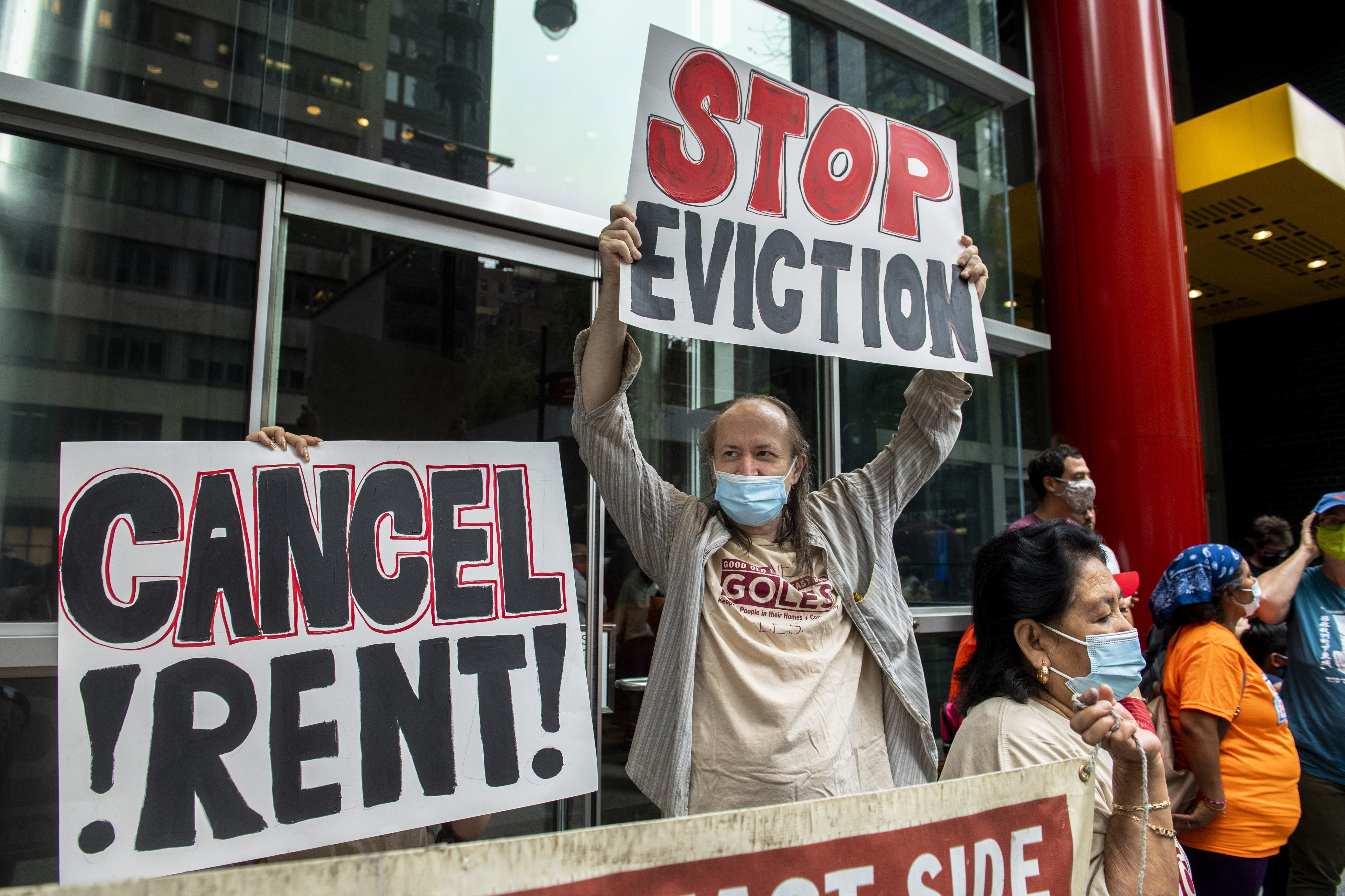 In this Aug. 4, 2021, file photo, housing advocates protest on the eviction moratorium in New York. (AP Photo/Brittainy Newman, File)