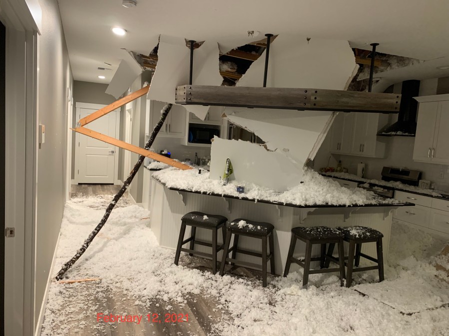 Home damage caused by fallen tree during winter ice storm, Feb. 12, 2021. (Courtesy Patty Hall)