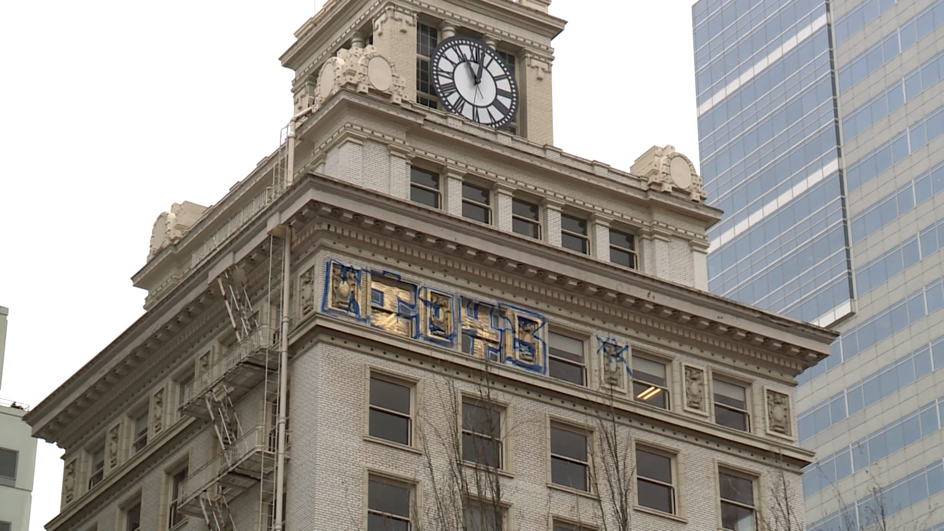 Portland, OR Pioneer Courthouse Square clock tower vandalized