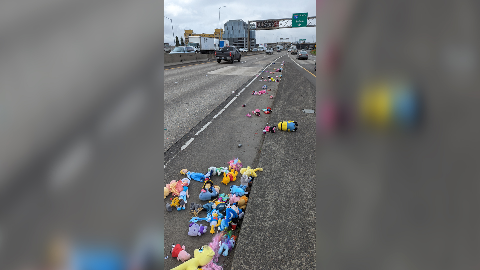 Stuffed animals greet drivers on I-5 in Portland, OR