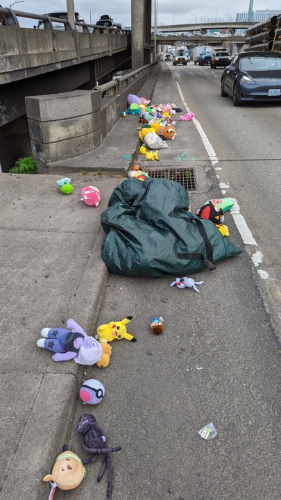 Stuffed animals greet drivers on I-5 in Portland, OR