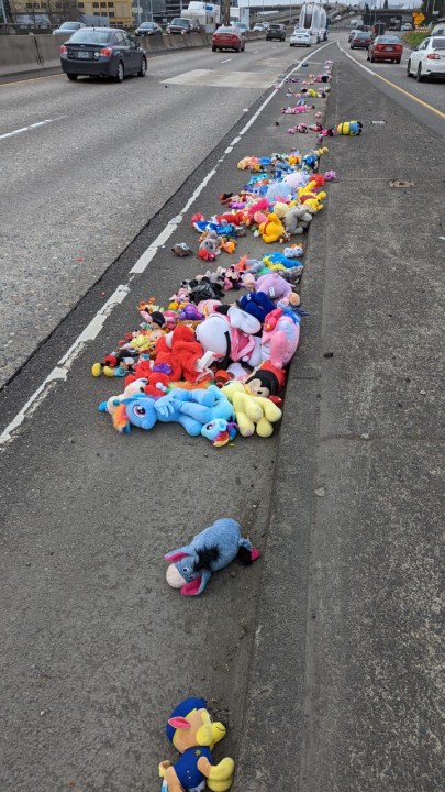 Stuffed animals greet drivers on I-5 in Portland, OR