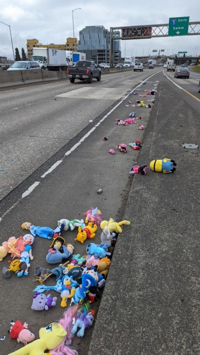 Stuffed animals greet drivers on I-5 in Portland, OR