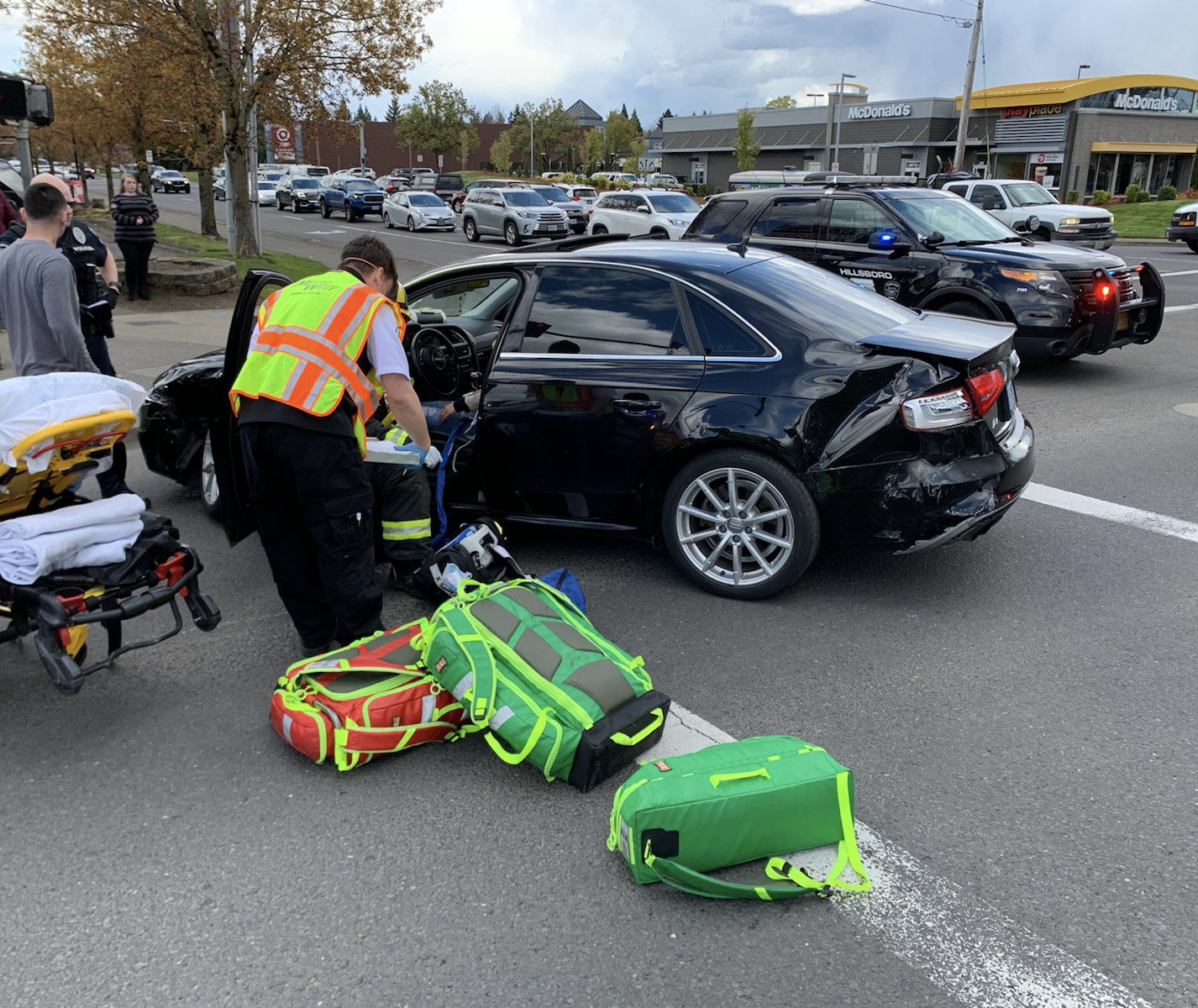 A two-vehicle crash in Hillsboro has blocked some lanes of Tualatin Valley Highway on Saturday afternoon, officials said.