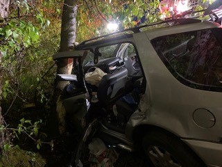 A person was taken to the hospital after driving off an embankment and into a tree on Friday night in west Vancouver, officials said.