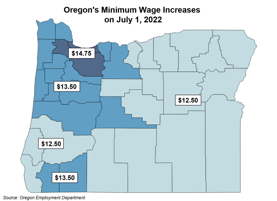 Map of Oregon minimum wage increases effective July 1, 2022