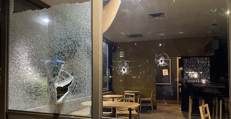 About 200 people marched from Grant Park down Sandy Boulevard in Portland and smashed windows ostensibly in support of abortion rights, June 25, 2022 (KOIN)