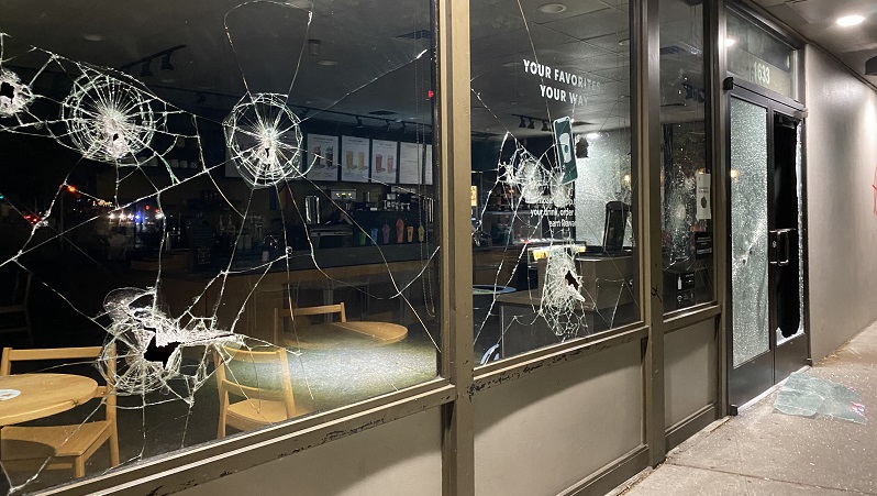 About 200 people marched from Grant Park down Sandy Boulevard in Portland and smashed windows ostensibly in support of abortion rights, June 25, 2022 (KOIN)