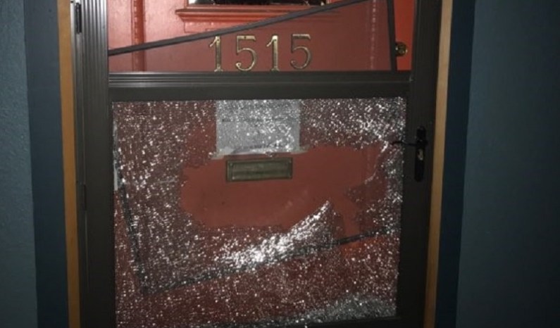 Vandals smashed windows at the Mother + Child Education Center in Portland during a destructive march from Grant Park, June 25, 2022 (PPB)