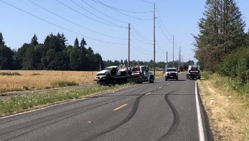 A 17-year-old driver died when a pickup crashed into a power pole along NE 172nd near Hockinson in Clark County, July 30, 2022 (KOIN)