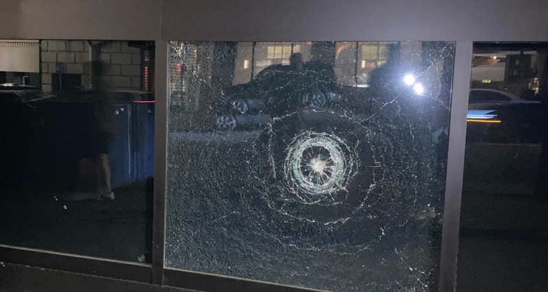 Dozens of protesters marched from Lownsdale Square through downtown Portland streets, smashing windows including these at Bank of America and SW 5th and Salmon, July 4, 2022 (KOIN)