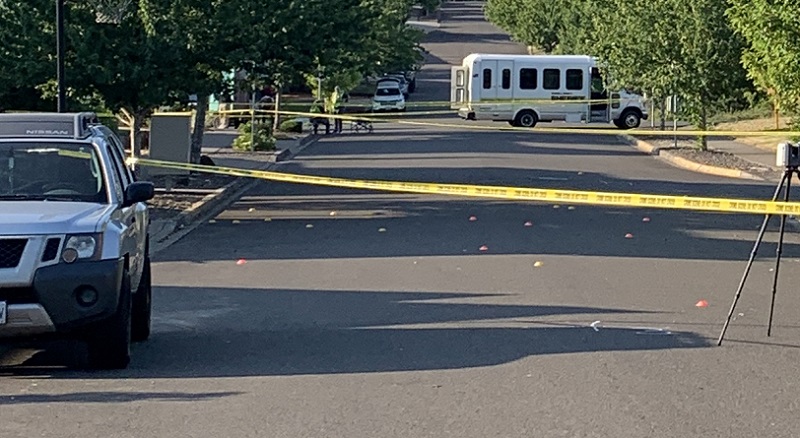 Evidence markers litter the 100 block of SW Mt. Mazama Street in McMinnville after a man held police at bay for 3 hours, July 30, 2022 (Yamhill County Sheriff's Office)