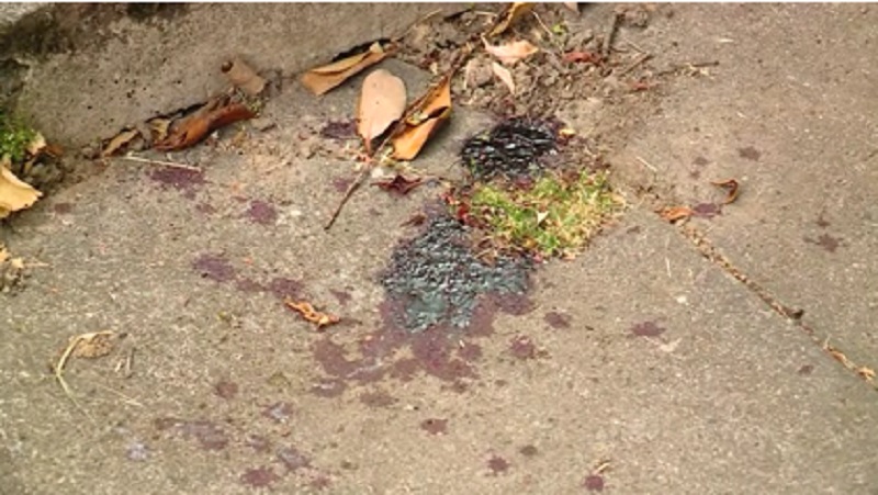 Blood stains on a sidewalk outside a house at NE 22nd and Couch in Portland from a man who entered that house and was shot, July 23, 2022 (KOIN)