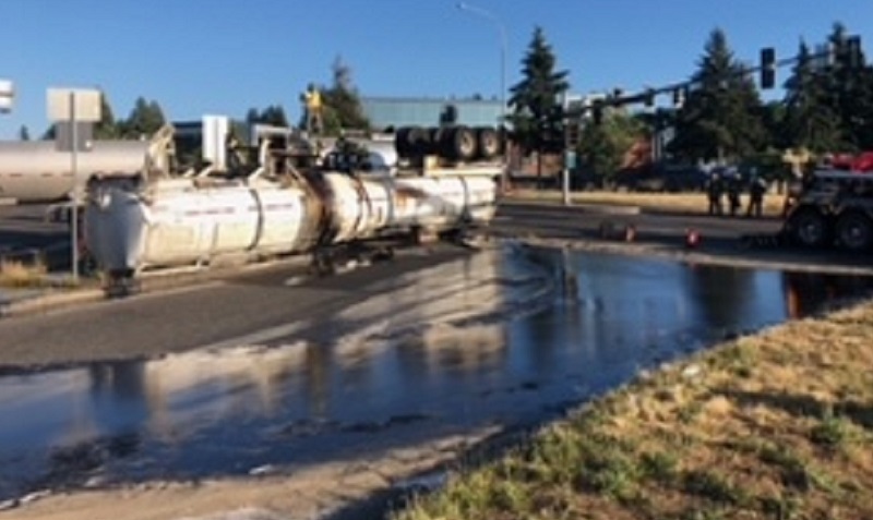 Hazmat crews rushed to I-5 north in Vancouver after a tanker truck flipped and spilled liquid, July 18, 2022 (VFD)