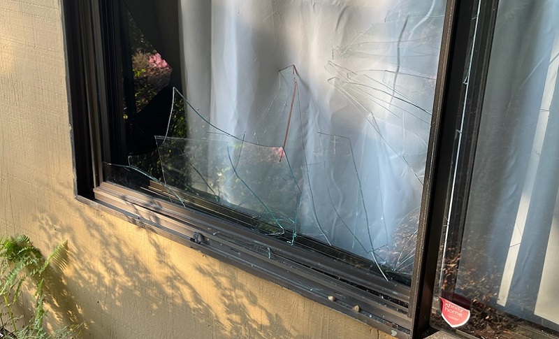 A window broken at a home in the Wood Village area of Portland, July 30, 2022 (MCSO)