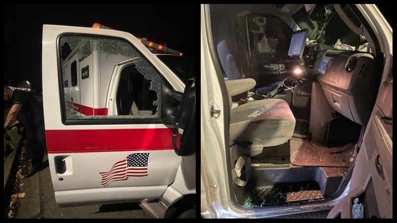 Photos provided by former AMR employees about damage to the ambulance during an attack in Portland, undated. (Courtesy to KOIN)