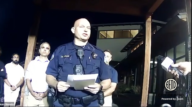 Bend Police Chief Mike Krantz at a press conference about a shooting that left 3 dead at a Safeway, August 28, 2022 (KOIN)