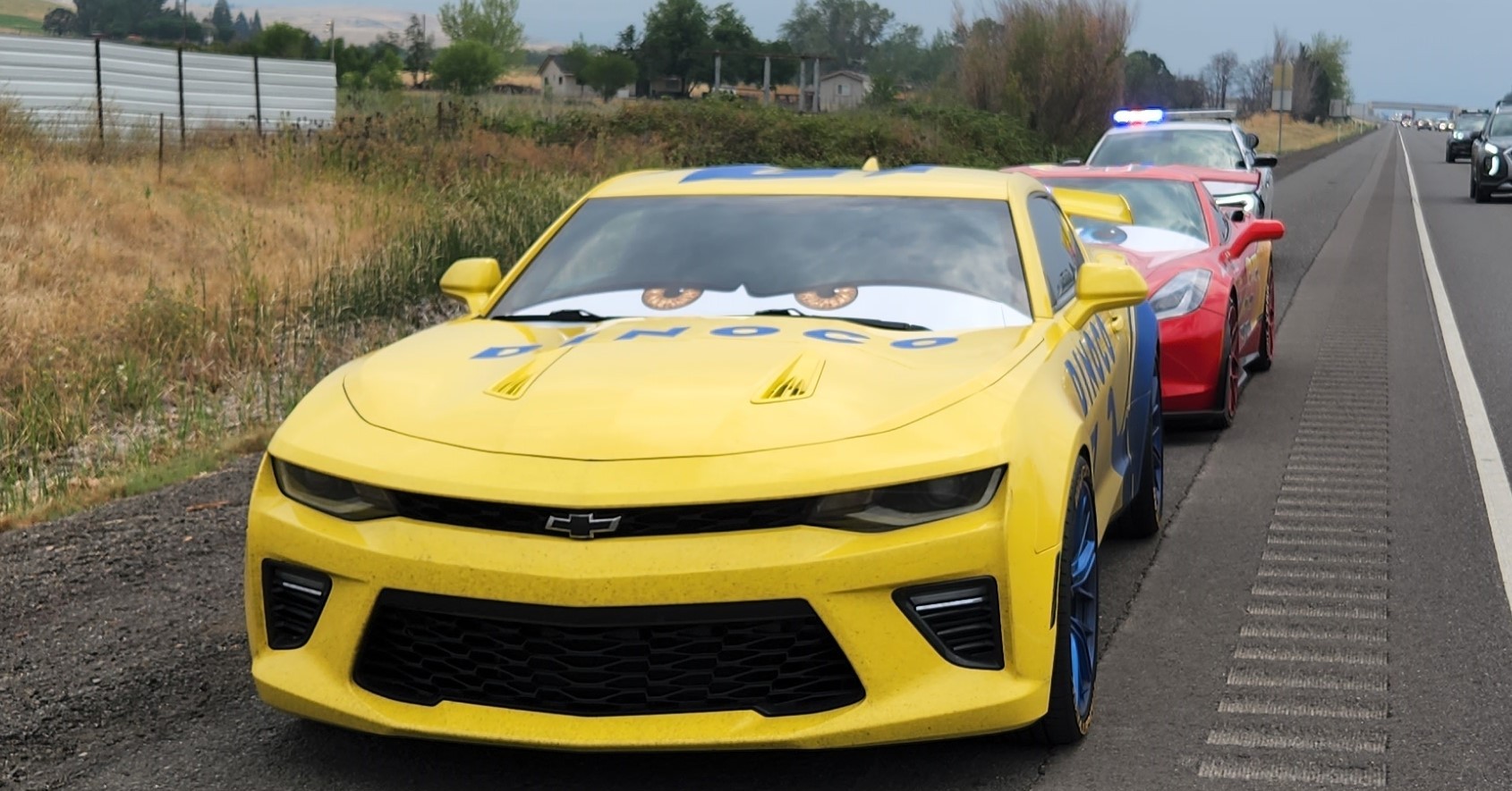 A trooper pulled over Dinoco and Lightning McQueen after they were allegedly seen racing