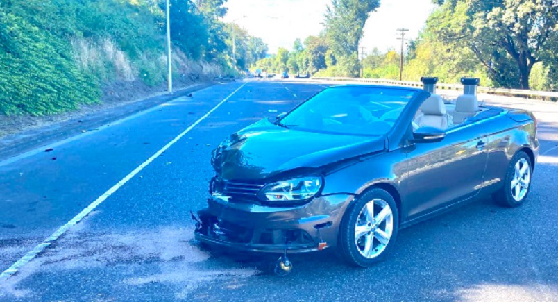 A motorcyclist was seriously hurt in a crash with a car on Hwy 30 between Linnton and Sauvie Island Bridge, August 13, 2022 (PPB)